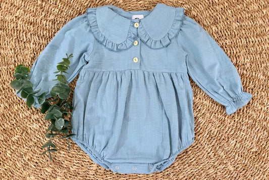 Light blue romper with ruffled collar